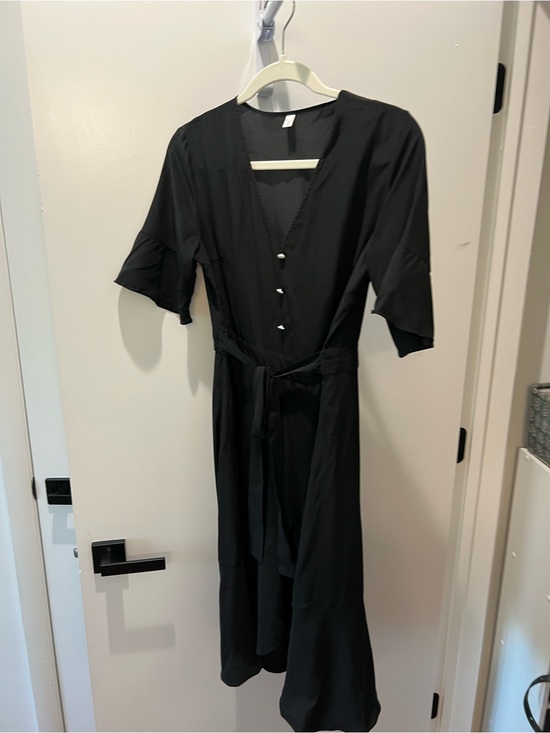 Lilysilk Dresses & Skirts - Black V-Neck Button Midi Dress with Tie Waist